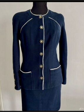 CHANEL Navy Jacket with White Trim and Gold Buttons and skirt
